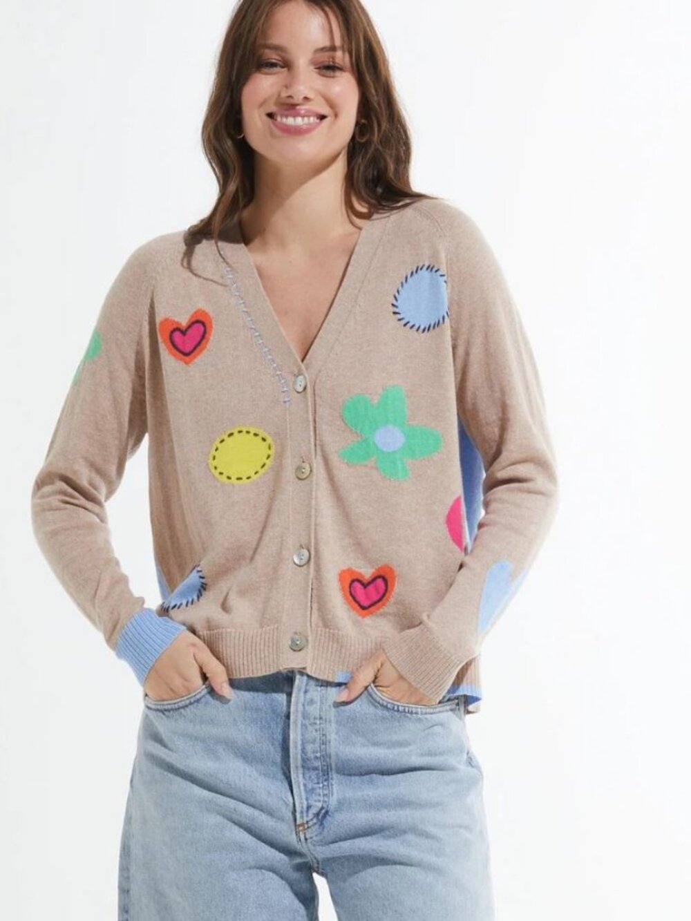 Zaket & Plover Flowers + Spots Cardigan Sweater Oat Women's sz L NWT
